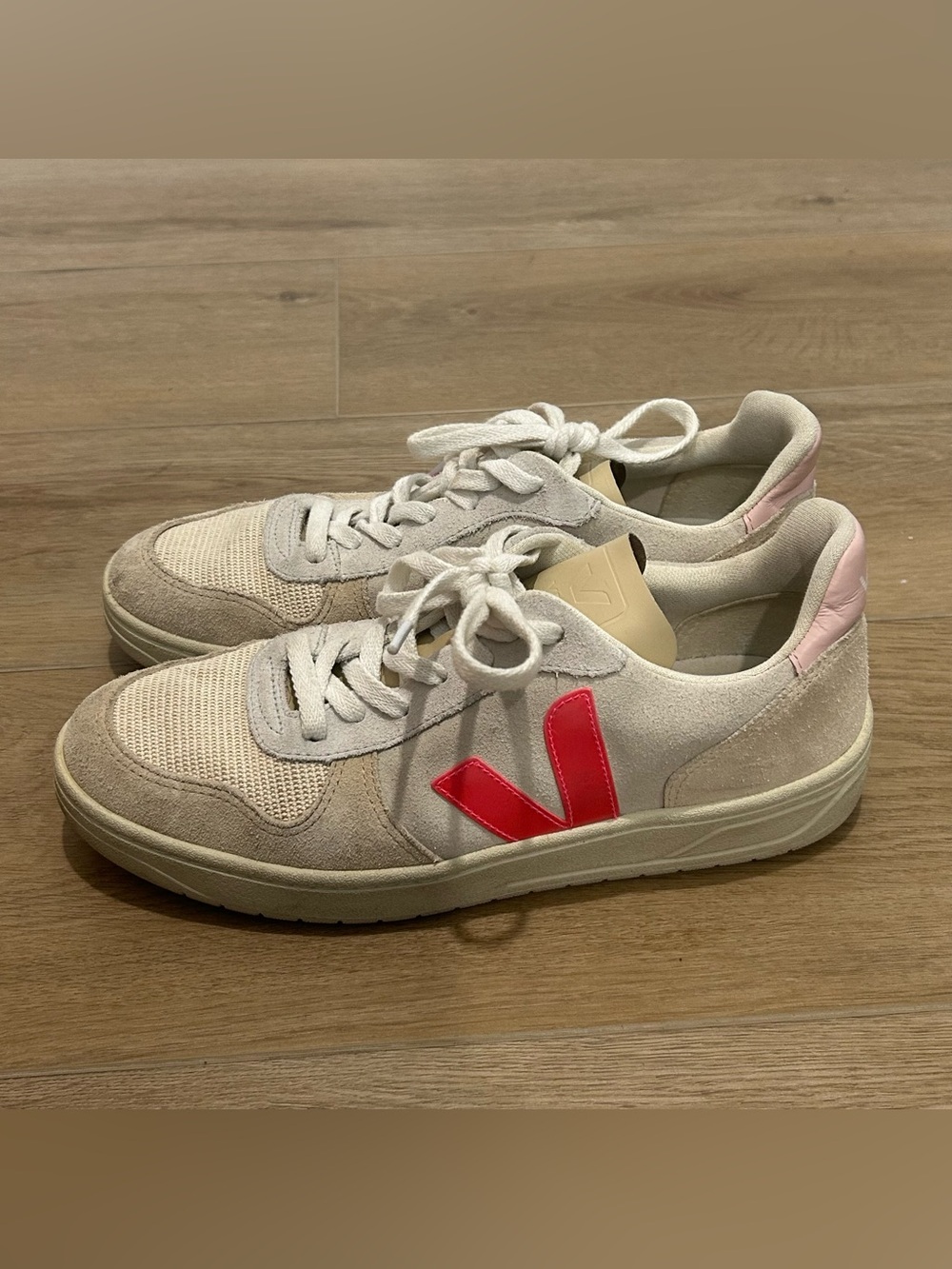 Veja Women’s Sneakers in Off-White with Pink Heel and Red V